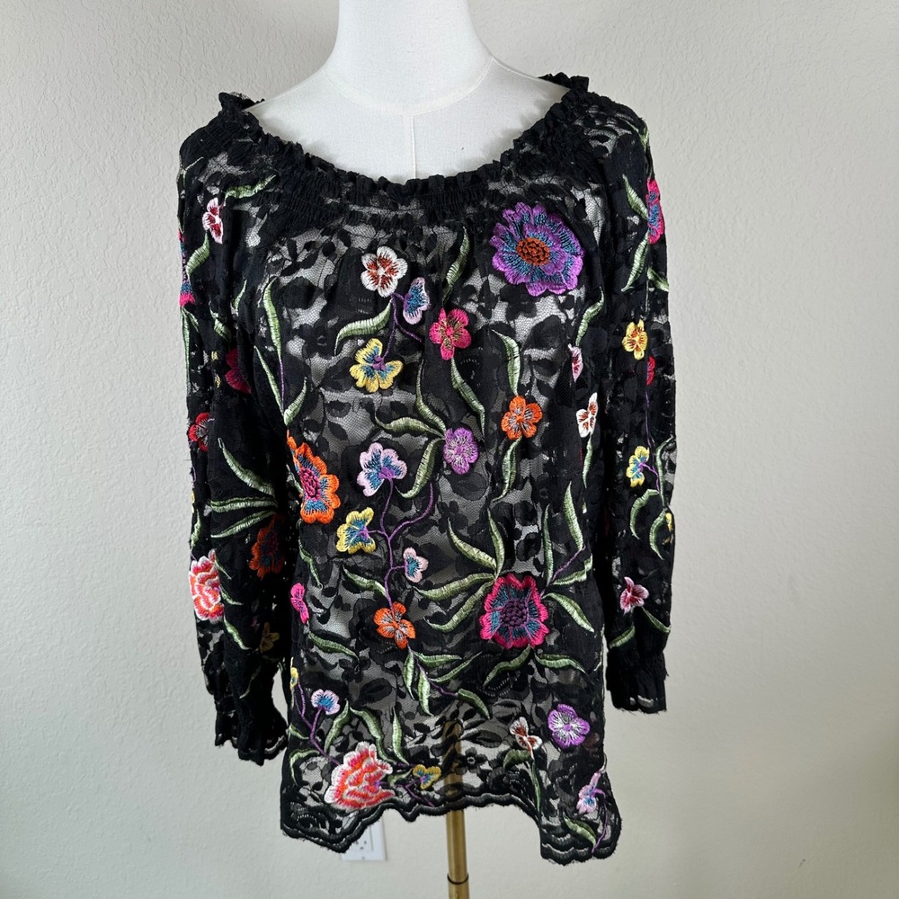 PONG Embroidered Lace Top Womens M Black Floral Mesh Blouse Boho Cottagecore
